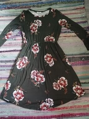Reborn J Olive Green Floral Fit & Flare Dress with Pink Rose Print